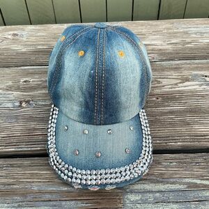 Denim Blue Rhinestone Distressed Womens Cap Baseball Blue Hat